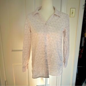 Nicole Miller Artelier White Eyelet Lace Button Up Cotton Blouse Size S